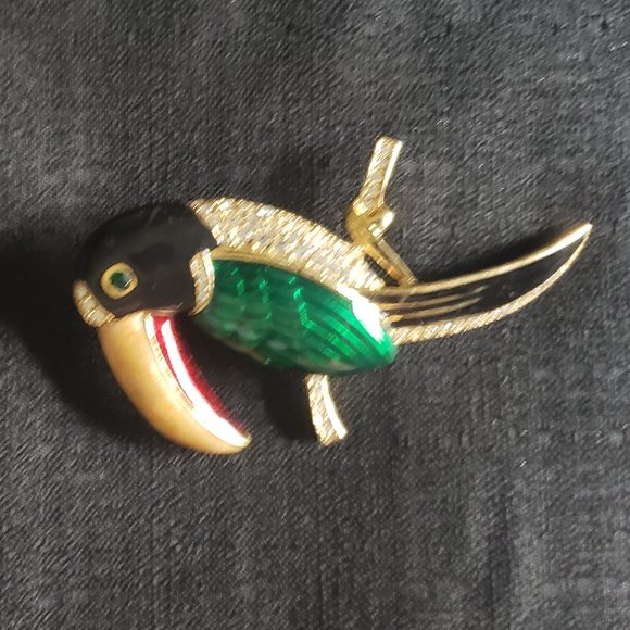 Large Enameled Rhinestone Crystal  Toucan Brooch - Picture 3 of 8
